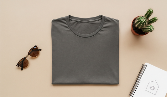 Modern style zenithal composition for a blog. On a neutral background, a folded grey T-shirt is shown next to a pair of sunglasses, a notebook and a small plant. The scene is bright and balanced